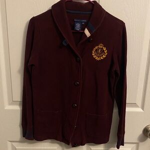 Ralph Lauren Maroon Shawl-Collar Cardigan with Gold Crest